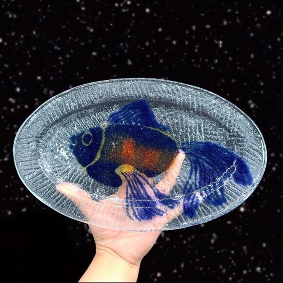 Large Fused Studio Art Glass Fish Tray Dish Hand Made Clear Glass 13.5”Long 8”W - Picture 1 of 15